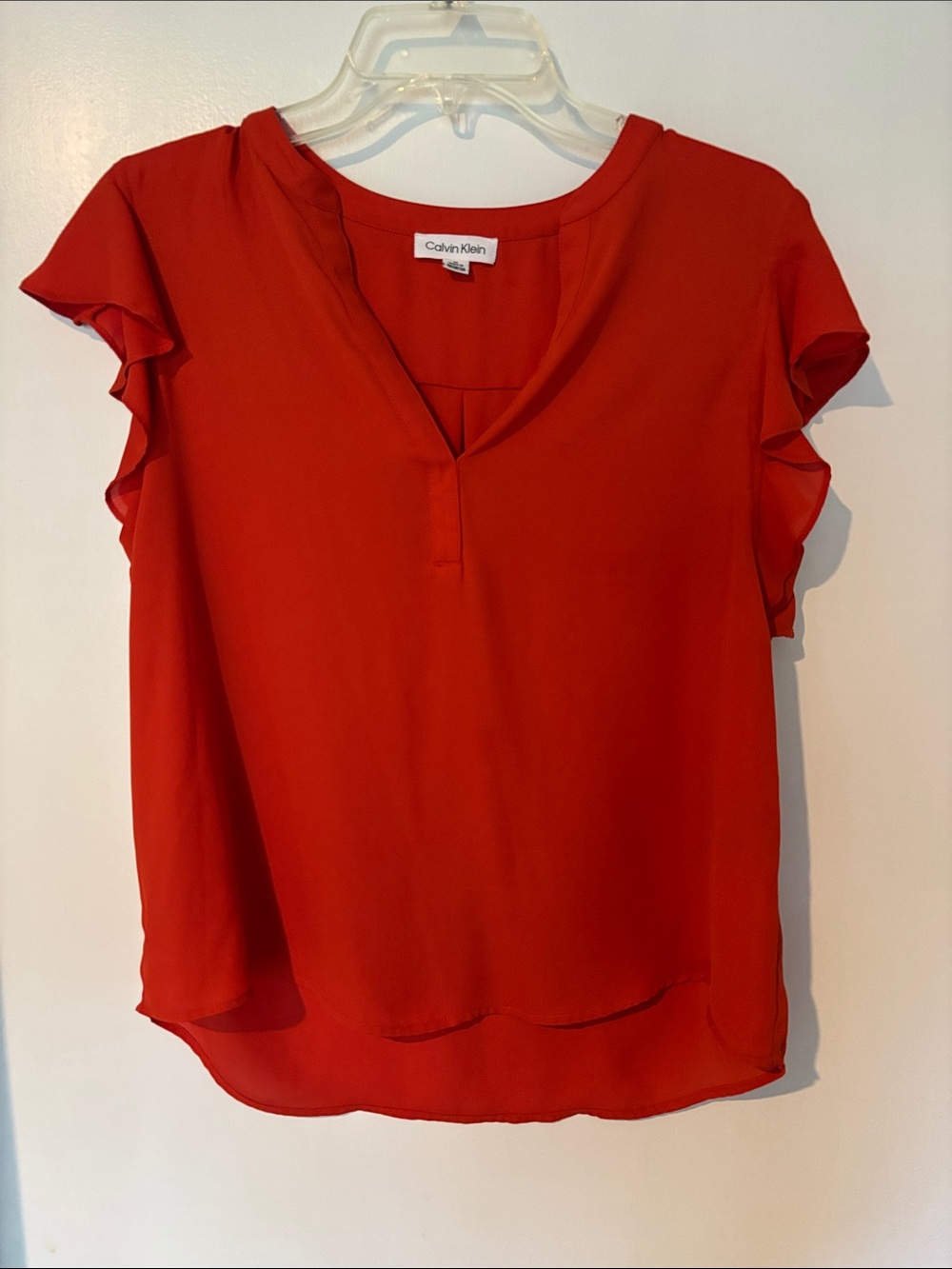 Calvin Klein Bright Orange V-Neck Ruffle Sleeve Blouse